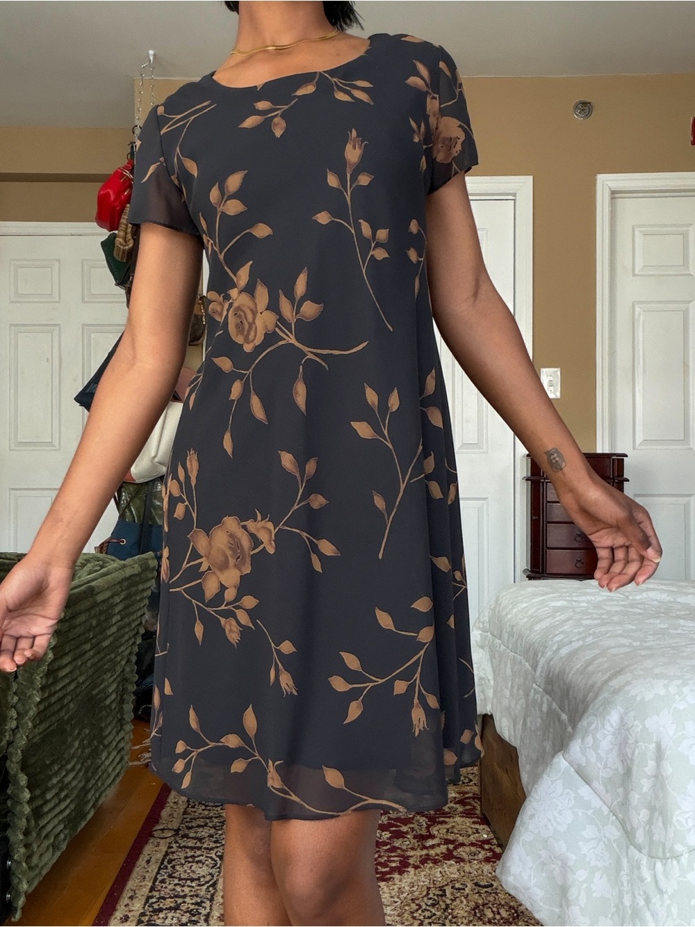 Teddi Black Mini Dress with Brown Floral Print